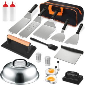 The griddle accessory set featuring a 16-piece collection of stainless steel spatulas, scrapers, a cast iron grill press, melting dome, and a heavy-duty carrying bag