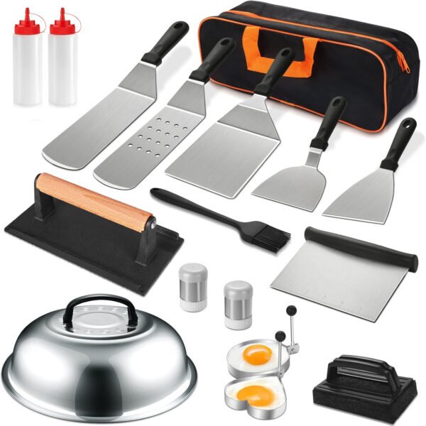 The griddle accessory set featuring a 16-piece collection of stainless steel spatulas, scrapers, a cast iron grill press, melting dome, and a heavy-duty carrying bag