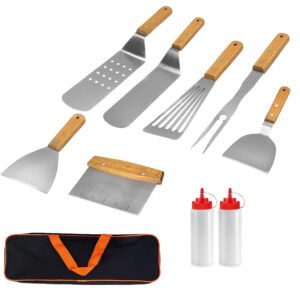 The 10 pcs griddle cooking set is crafted by 430 stainless steel with wood grip handle.