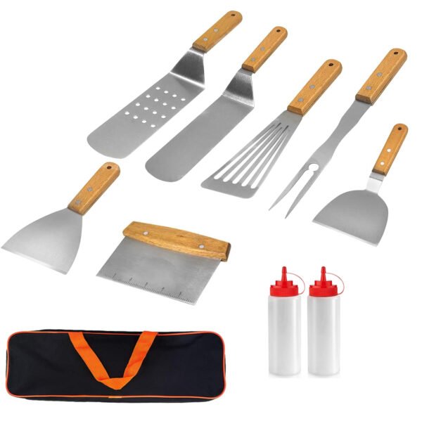 The 10 pcs griddle cooking set is crafted by 430 stainless steel with wood grip handle.