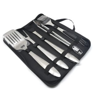 Heavy Duty 5-Piece BBQ Tool Set inclues spatula, fork, basting brush, tongs and grill cleaning brush, packaged in a carrying bag