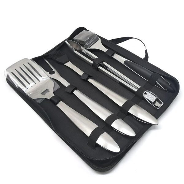 Heavy Duty 5-Piece BBQ Tool Set inclues spatula, fork, basting brush, tongs and grill cleaning brush, packaged in a carrying bag