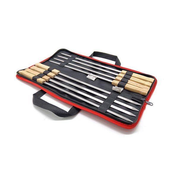 The 8 pack flat metal skewers with wooden handle, pcakged into a carry bag