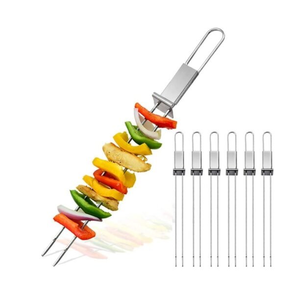 BBQ skewer fork with push bar is made from 430 stainless steel, suits for meat and veggies grilling