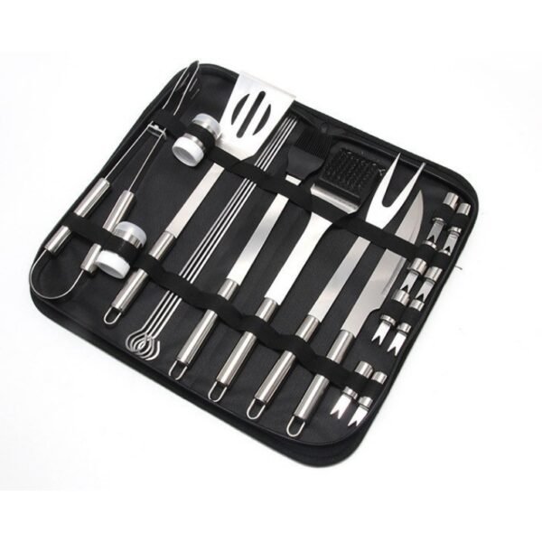 The commercial grade 21 pcs bbq tool set includes spatual, fork, tongs, basting brush, cleaning brush, peper jars, corn cob holders, grill skewers, housed with a carrying bag for outdoor cooking