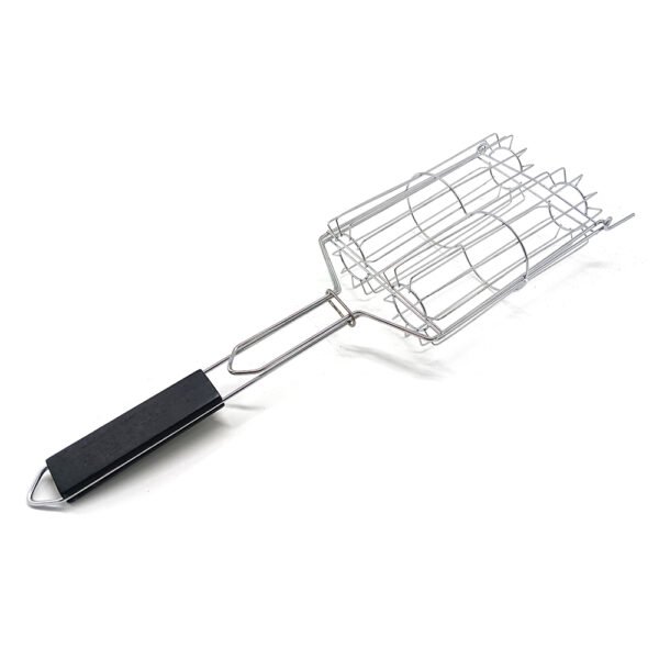 The corn basket is designed ddouble grilling part for grilling corn, meat, fish and veggies, with a black wooden handle grip