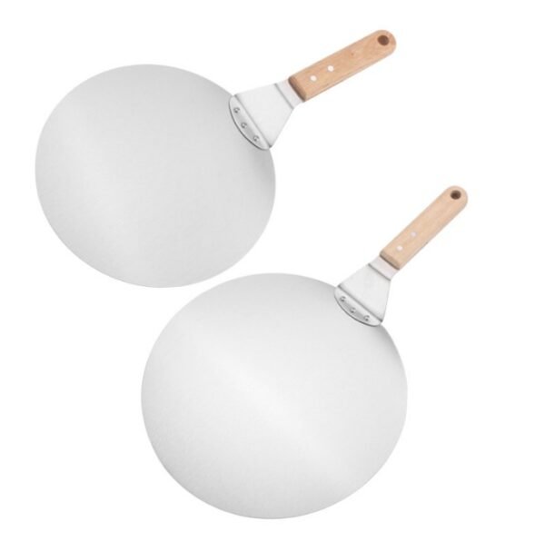 The pizza peel is round shape with wooden handle