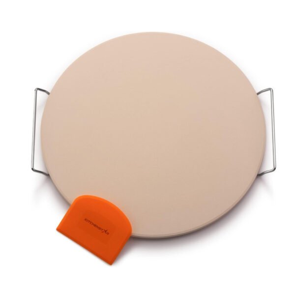 The pizza stone set includes a round cordierite stone, a steel handle and a plastic scraper for homemade pizza baking
