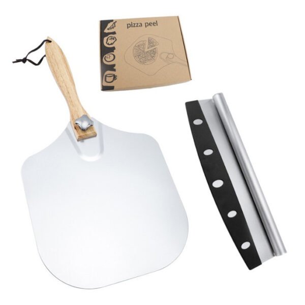 Factory direct wholesale pizza peel set featuring a stainless steel peel with a foldable wood handle, a rocking pizza cutter, and a customized box.