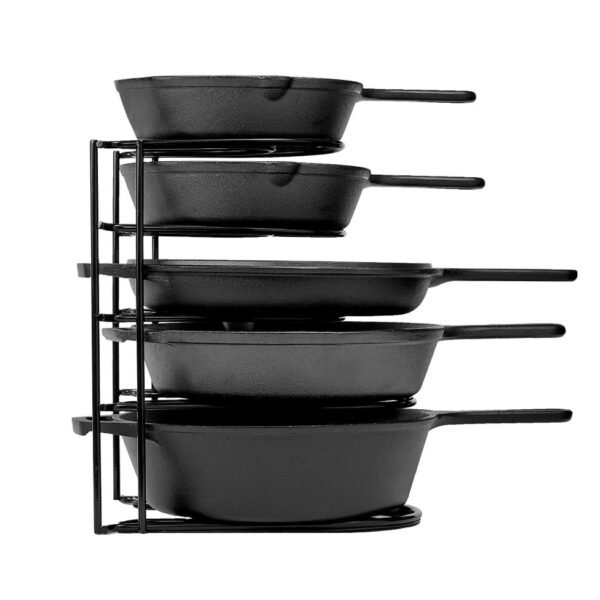 The 5 tier kitchen pots and pans organizer rack is made of iron with powder coated in black, suits for organize 5 pots or pans a time