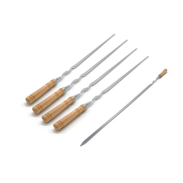 The metal skewers featuring a stainless steel blade with a smooth wood handle,