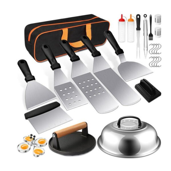 The 29 pcs professional-grade griddle accessory kit comes with storage carry bag. It includes all the tools needed at griddles.