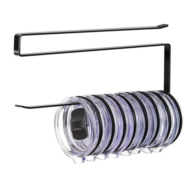 The Tumbler lid organizer is made of iron with powder coated, can hold up to 12 lids for organization, suitable for simple modern lids