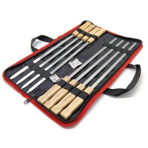 8 pack flat skewers set, made from 410 stainless steel and wood grip, package with storage bag.