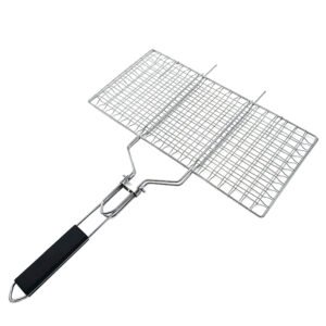 Heavy duty stainless steel grill basket featuring secure locking clasp and long heat-proof handle, large an ideal cooking surface.