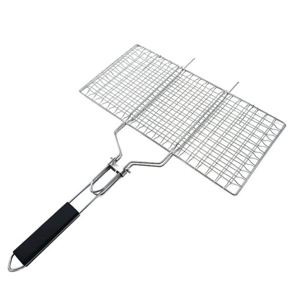 Heavy duty stainless steel grill basket featuring secure locking clasp and long heat-proof handle, large an ideal cooking surface.
