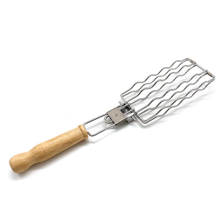 Professional Hot Dog Grill Basket Stainless Steel with Wood Grip