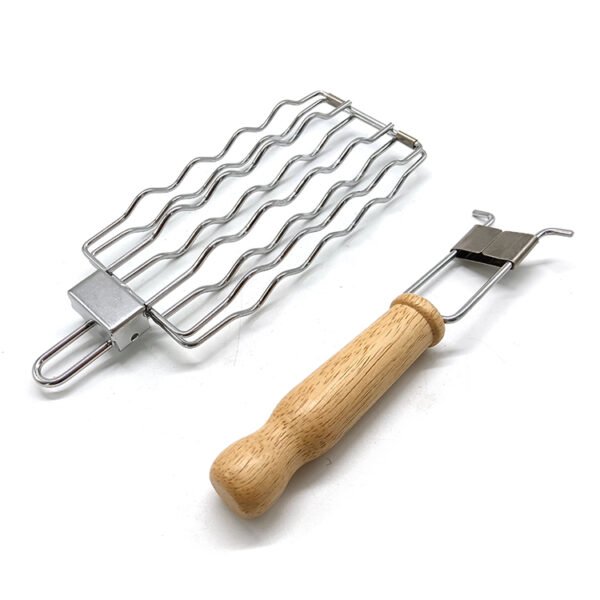 Professional Hot Dog Grill Basket Stainless Steel with Wood Grip - Image 2