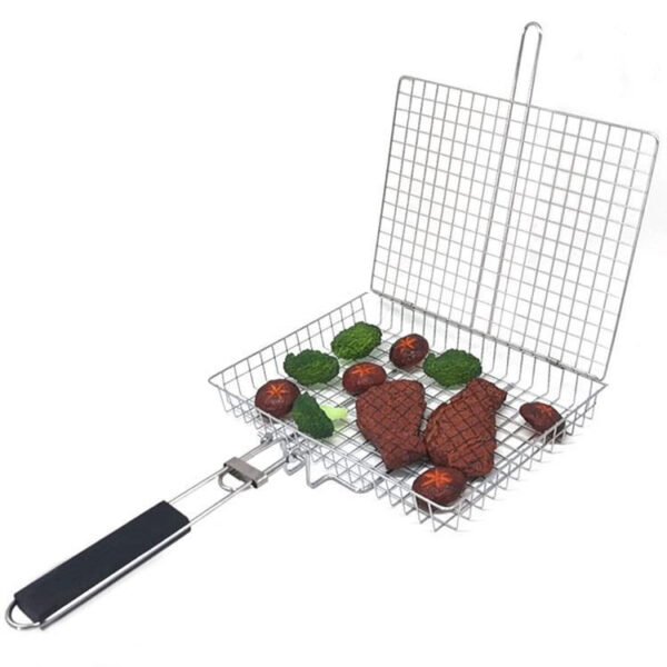 Outdoor Barbecue Grill Basket Stainless Steel Grill Grid with Wooden Handle - Image 3