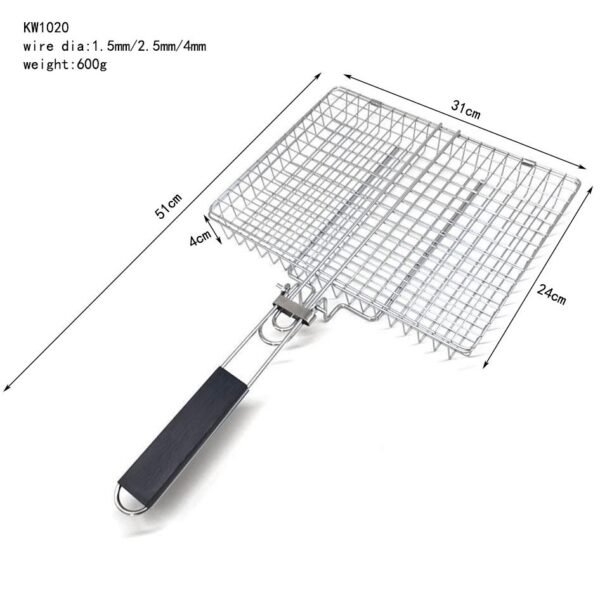 Outdoor Barbecue Grill Basket Stainless Steel Grill Grid with Wooden Handle - Image 2