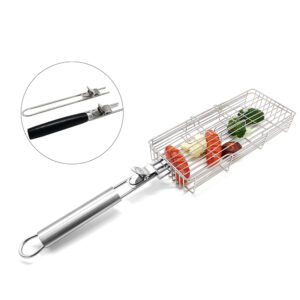 This grill basket comes with a stainless steel handle. Adjustable grilling space can meets different foods grilling