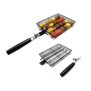Heavy duty non-stick multipurpose grill basket featuring secure locking mechanism and long heat-proof handle