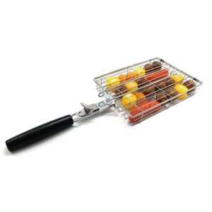 Professional stainless steel grill basket with heat-resistant handle and locking mechanism on white background