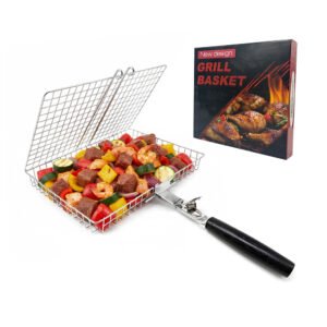 This grill basket is made of food-grade 430 stainless steel and detachable wood grip, suits for all grills and smokers. Package with color box.