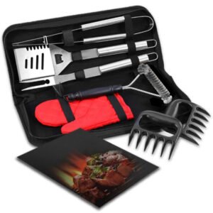 The commercial 9-piece bbq tool set is combined with a spatula, a tongs, a fork, a grill glove, a cleaning brush, a grill mat and a pair of meat claws, packed into a carrying bag