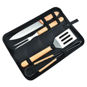 4 pcs wooden handle bbq tools set with a carry bag, includes a spatula, a tongs, a fork and a knife