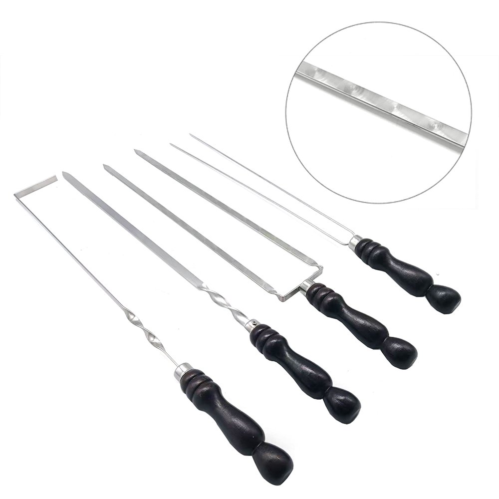 The BBQ Skewers set comes with 4 different types of skewers, one falt wide skewer, one doulble grilling sticks, 1 double skewers fork and a ash rake