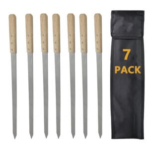 This BBQ skewers combo set is a must-have for any outdoor gathering cooking activities. This set includes 7 pieces of wooden handle flat skewers, package with a storage bag for space-saving and portable outdoor cooking tools.