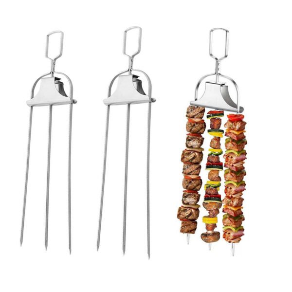 3 Way bbq grill skewer with push slider, made of 430 stainless steel, use for outdoor grilling meat, chicken wings and veggies