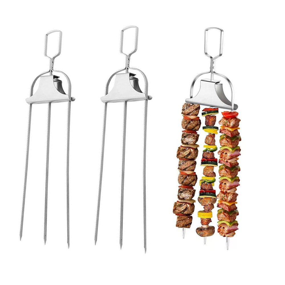 3 Way bbq grill skewer with push slider, made of 430 stainless steel, use for outdoor grilling meat, chicken wings and veggies
