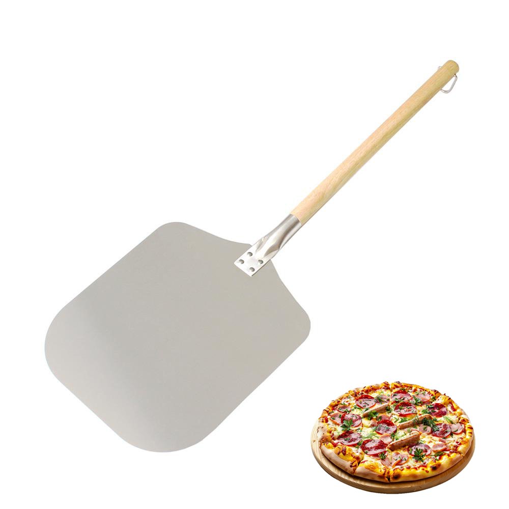 The premium pizza peel features a stainless steel peel with a extended wood handle, paddle size is 12"x14"