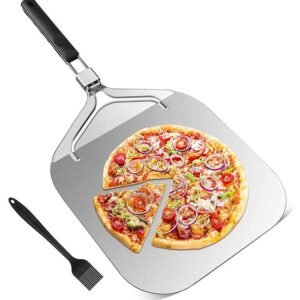 The pizza peel set featuring a stainless steel peel with a foldable PP handle, a black silicone basting brush.