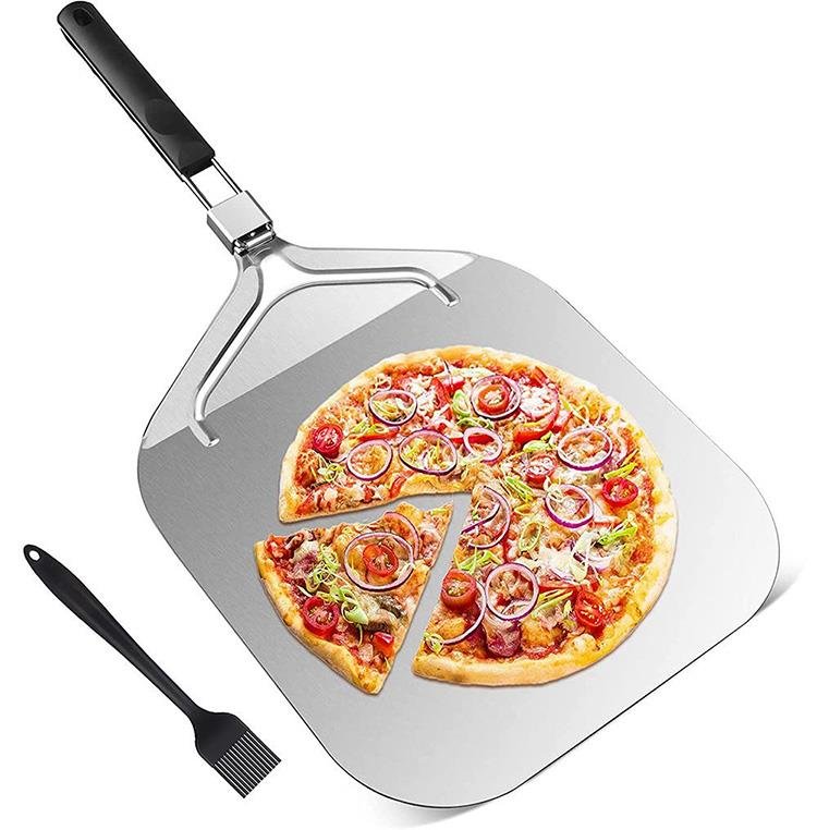 The pizza peel set featuring a stainless steel peel with a foldable PP handle, a black silicone basting brush.