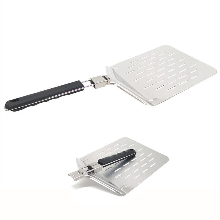 The stainless steel sloted pizza peel with folded plastic handle