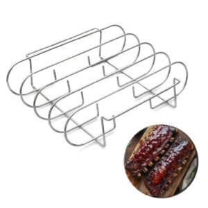 Stainless steel rib holder with demonstration of roasted rib and meat placement