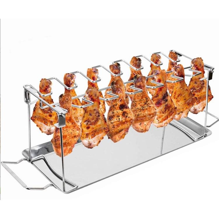 14 Slots Drumsticks Grill Stand with Tray | Stainless Steel Grilling Rack