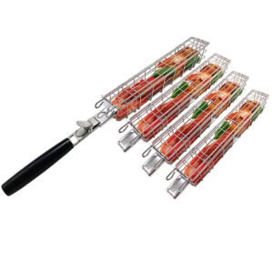 4 Large capacity Kabab grilling baskets come with a wood grip as a set, using for all outdoor common grills and smokers