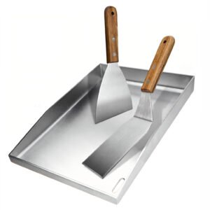 The proffessional grade griddle tray is designed in rectangular 15.75"x11.82"x1.18", comes with 2 griddle spatula with wooden handle grip