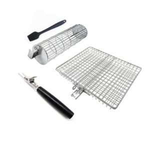 The grilling baskets set is comes with 1 rolling grilling basket, a rectangular grill basket, a wooden handle grip and a silicone basting brush. A set meets all the needs at grills and smokers