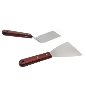 The stainless steel griddle tools set includes a fish frying spatula and a triangle scraper with wooden handle grip.