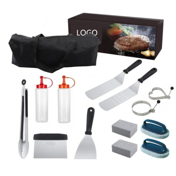 The griddle accessories kit features a 12-piece collection of stainless steel spatulas, scrapers, food tongs, a silicone basting brush, 3 grill mat, 2 sequzee bottles and a heavy-duty carrying bag.