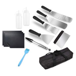 The griddle accessories kit features a 12-piece collection of stainless steel spatulas, scrapers, food tongs, a silicone basting brush, 3 grill mat, 2 sequzee bottles and a heavy-duty carrying bag.