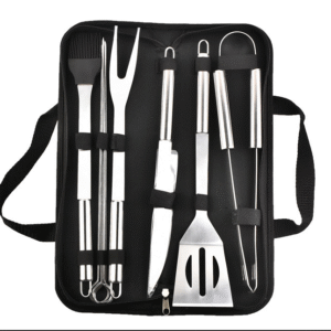 The commercial grade 9-piece bbq tools set includes a spatula, a tongs, a fork, a knife, a basting brush and 4 grilling skewers packed into a carrying bag.