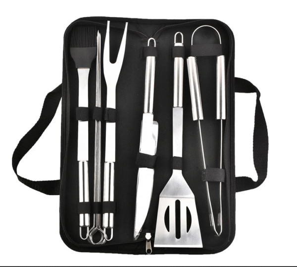 The commercial grade 9-piece bbq tools set includes a spatula, a tongs, a fork, a knife, a basting brush and 4 grilling skewers packed into a carrying bag.