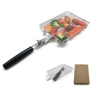 This heavy duty tainless steel rectangular grill basket with detachable handle in black, package with brown box, custom package is acceptable. Perfect for outdoor grills and smokers.