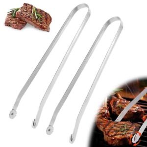 The stainless steel barbecue sausage flipping tongs with 2 rollers on the top for flipping the foods when grilling